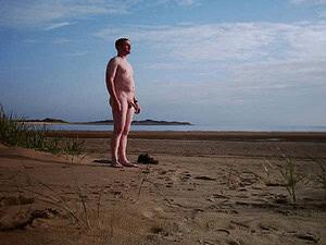 Naturist nudist nude naked penis on a beach with a clear sky and calm sea.