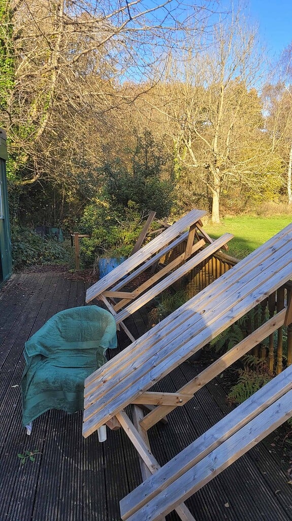 A wooden deck features two reclining chairs angled towards a lush garden. The deck is surrounded by trees shedding their leaves, reflecting the golden hues of autumn. A single green chair adds a pop of colour against the rustic wooden backdrop, inviting relaxation.