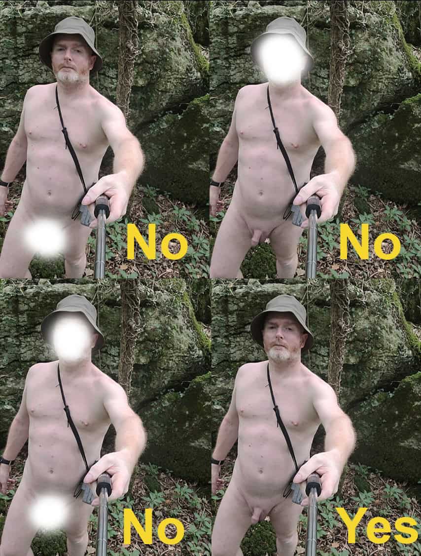 A humorous collage featuring a man in nature, holding a selfie stick against a backdrop of rugged rocks and greenery. Each quadrant displays variations of the same pose but with playful overlays stating 'No' and 'Yes', suggesting a lighthearted take on appropriateness.