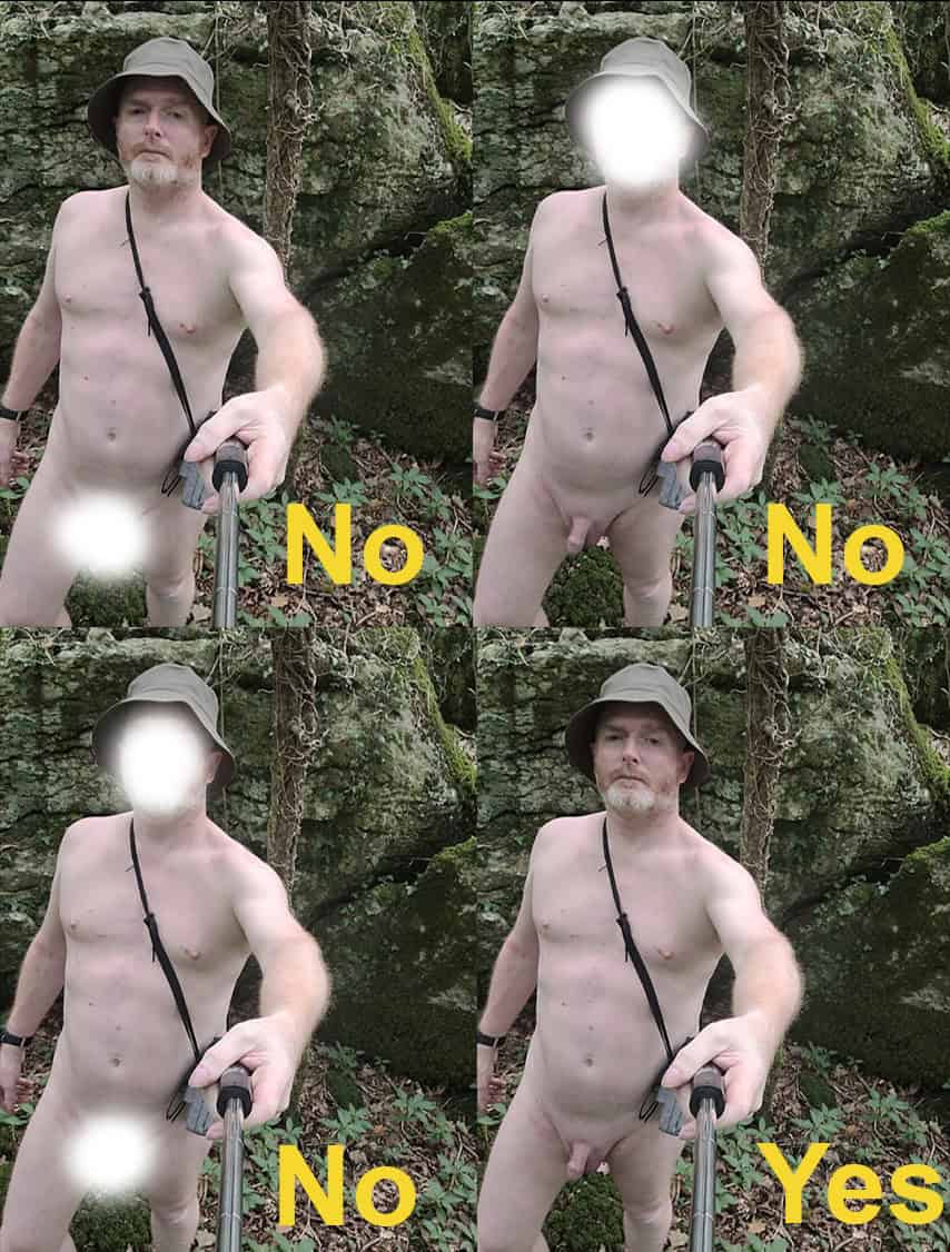 Naturist nudist nude naked penis in natural outdoor setting with forest background.